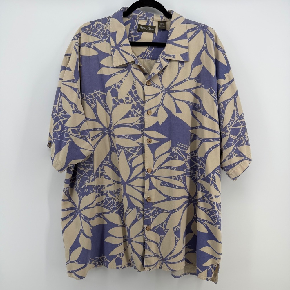 Bobby Chan Hawaiian Shirt Mens XXXL Periwinkle Beige 100% Silk Tropical